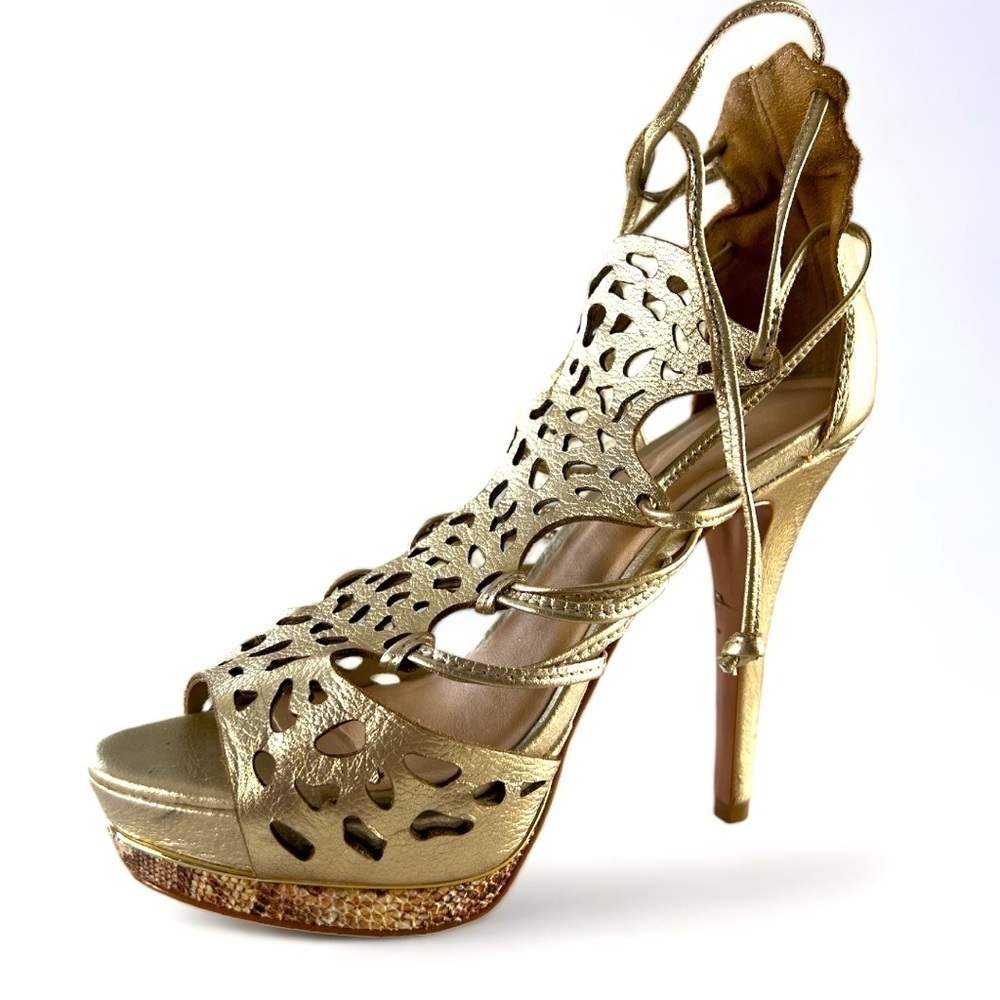 BOTTERO Brazilian Gold Leather Laser Cut Tie Peep Toe Stilettos Heels Size 7